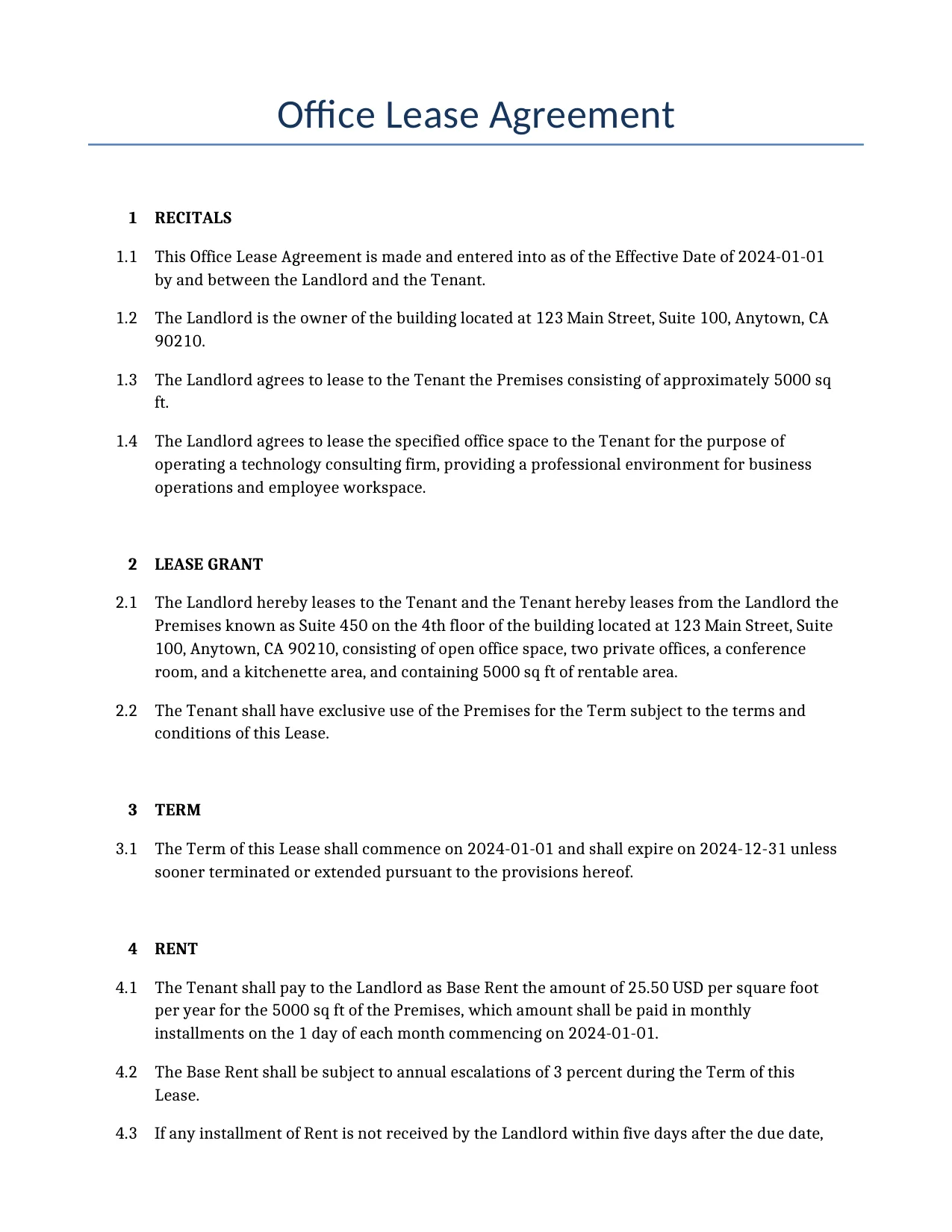 Example of a Office Lease Agreement for use in the United States</b> generated by our AI model. 