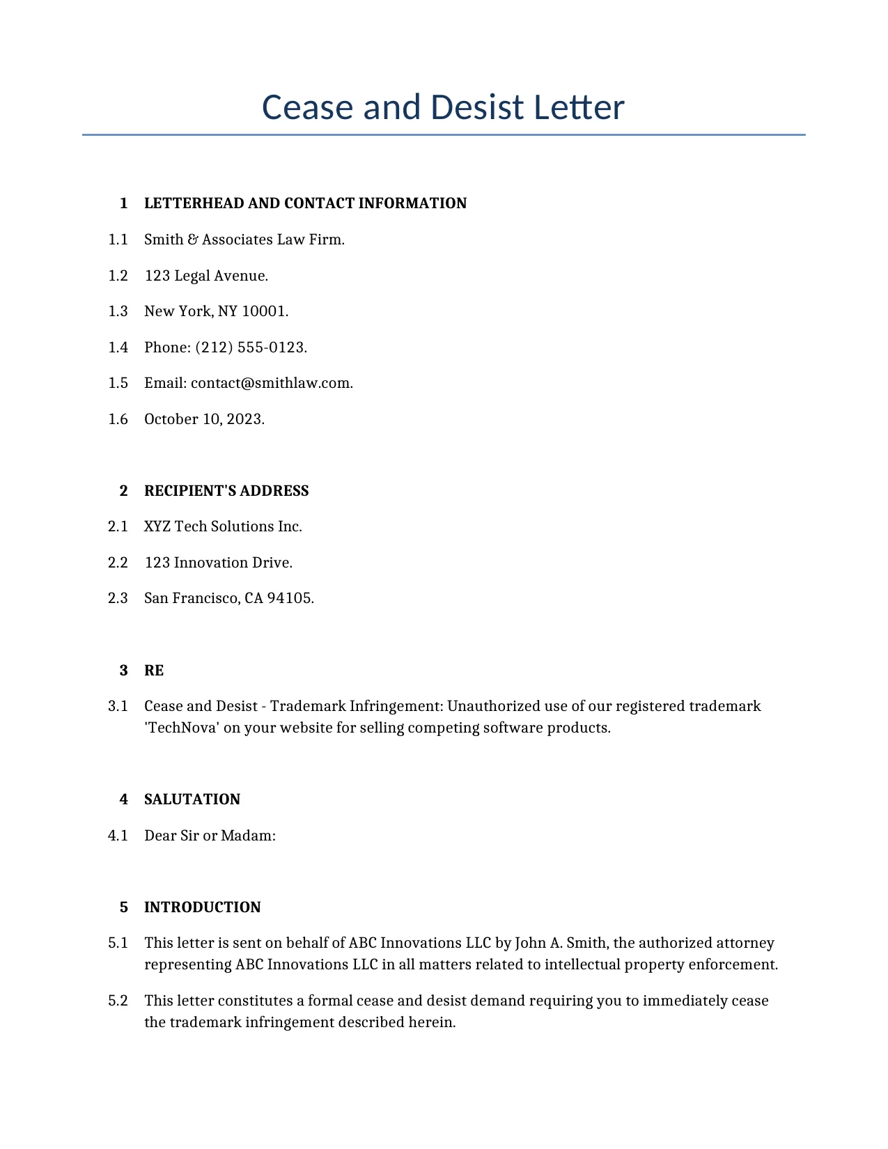 Example of a Cease and Desist Letter for use in the United States</b> generated by our AI model. 