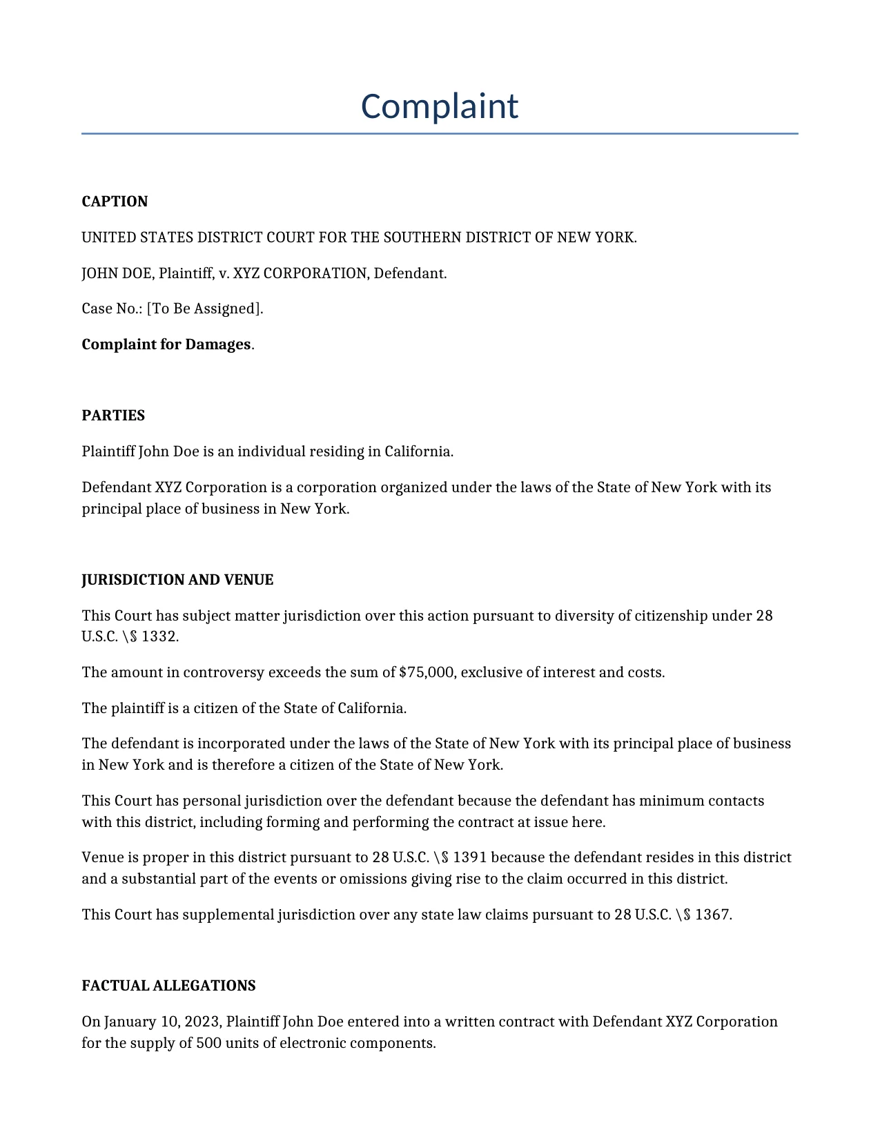 Example of a Complaint for use in the United States</b> generated by our AI model.