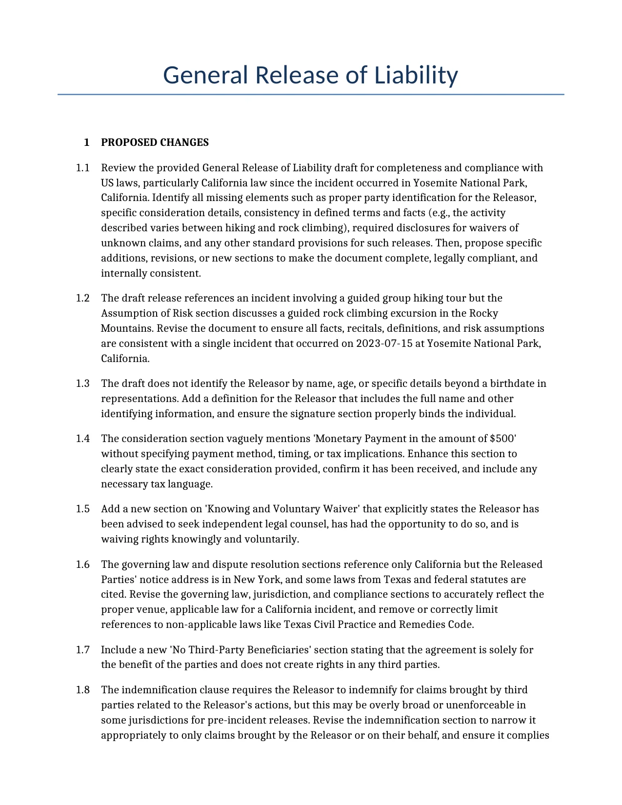 Example of a General Release of Liability for use in the United States</b> generated by our AI model. 