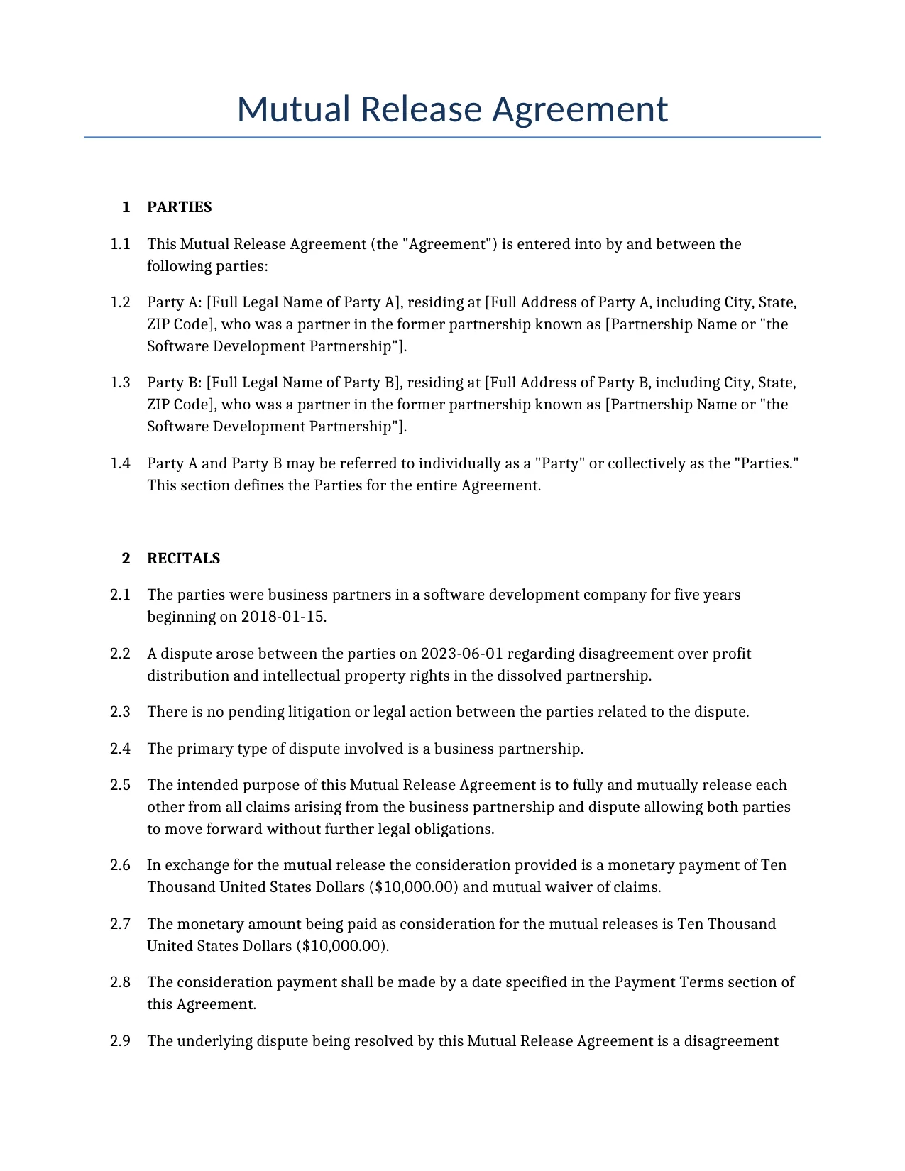 Example of a Mutual Release Agreement for use in the United States</b> generated by our AI model. 