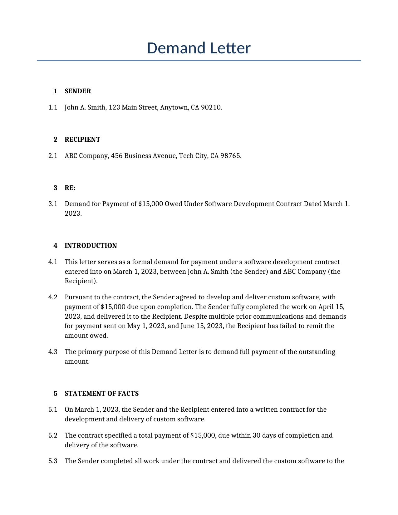 Example of a Demand Letter for use in the United States</b> generated by our AI model. 