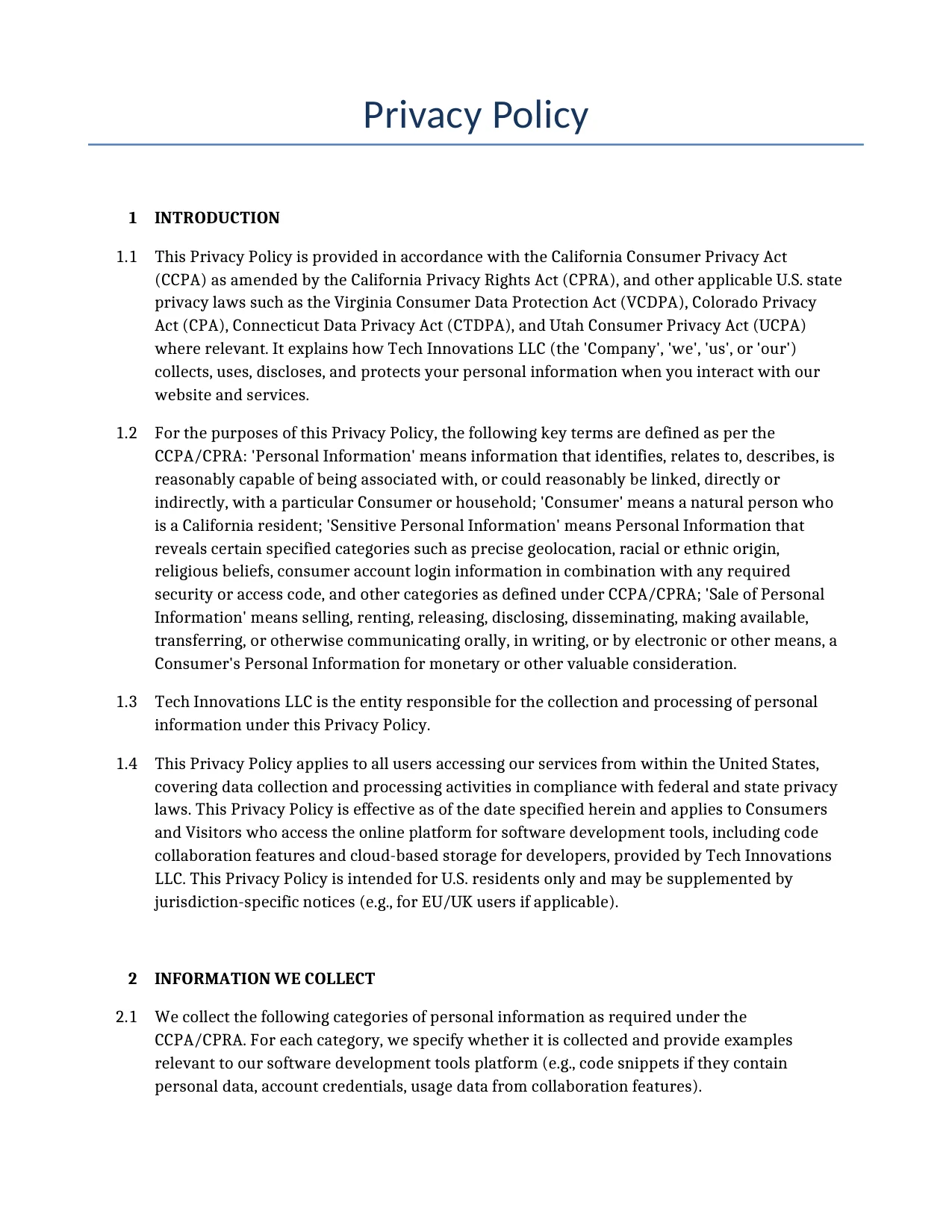Example of a Privacy Policy for use in the United States</b> generated by our AI model. 