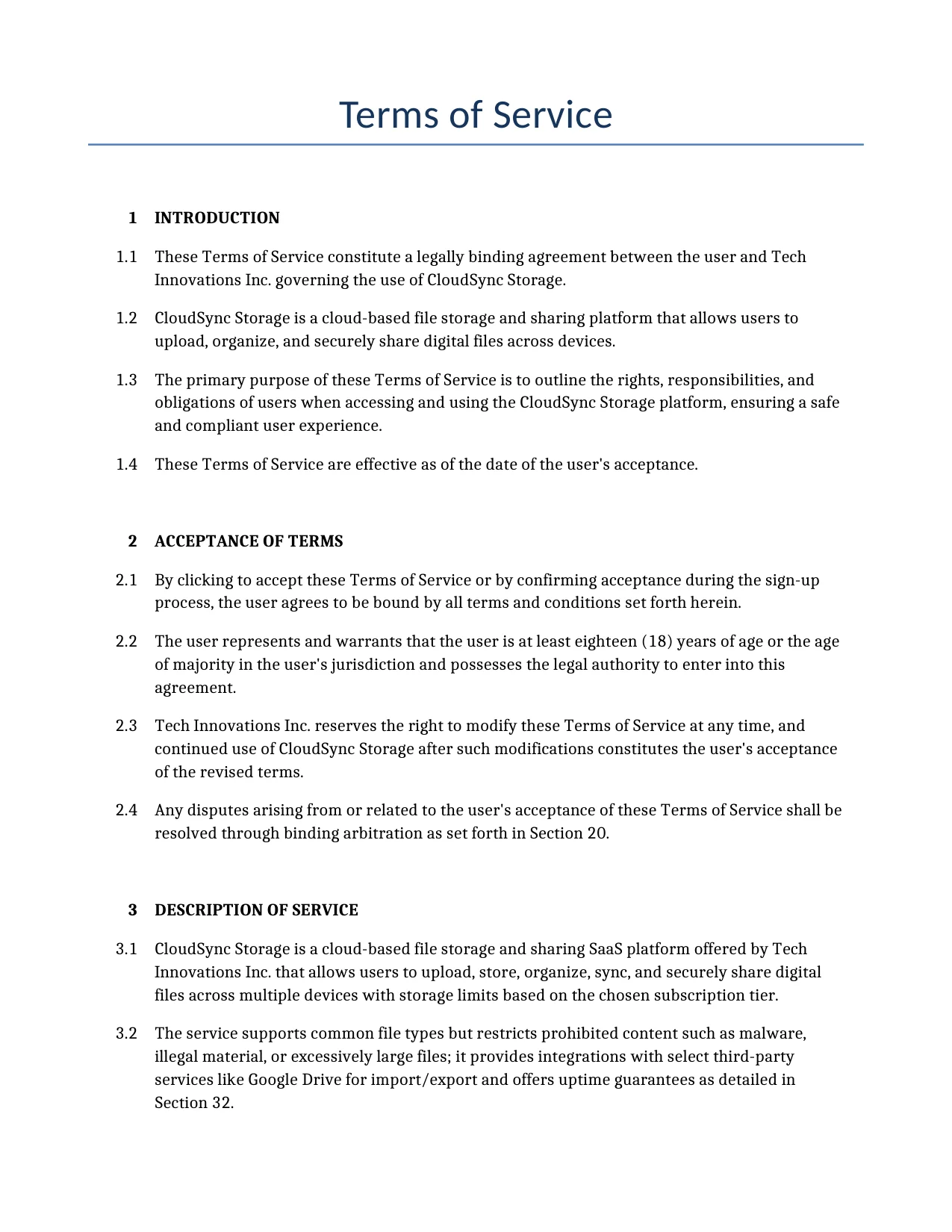 Example of a Terms of Service for use in the United States</b> generated by our AI model. 