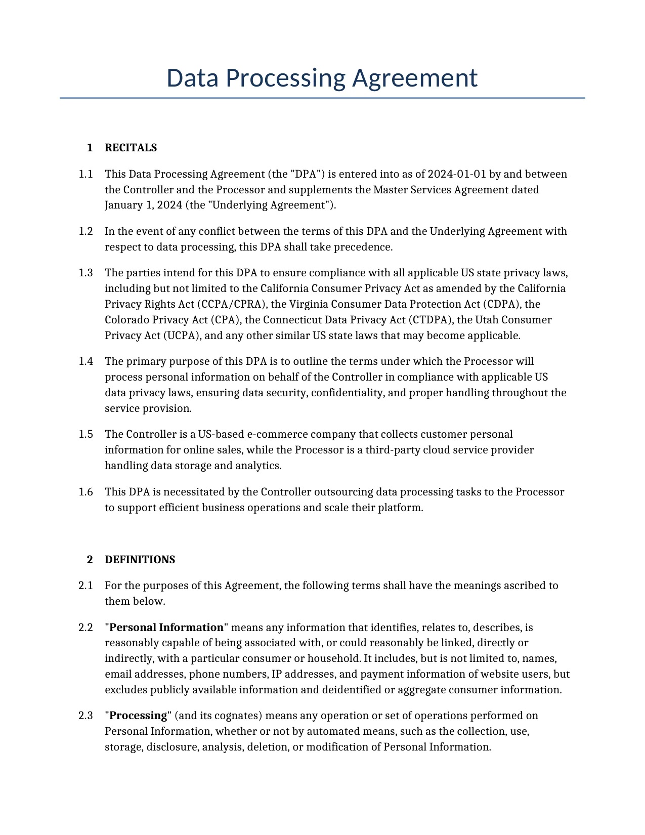 Example of a Data Processing Agreement for use in the United States</b> generated by our AI model. 