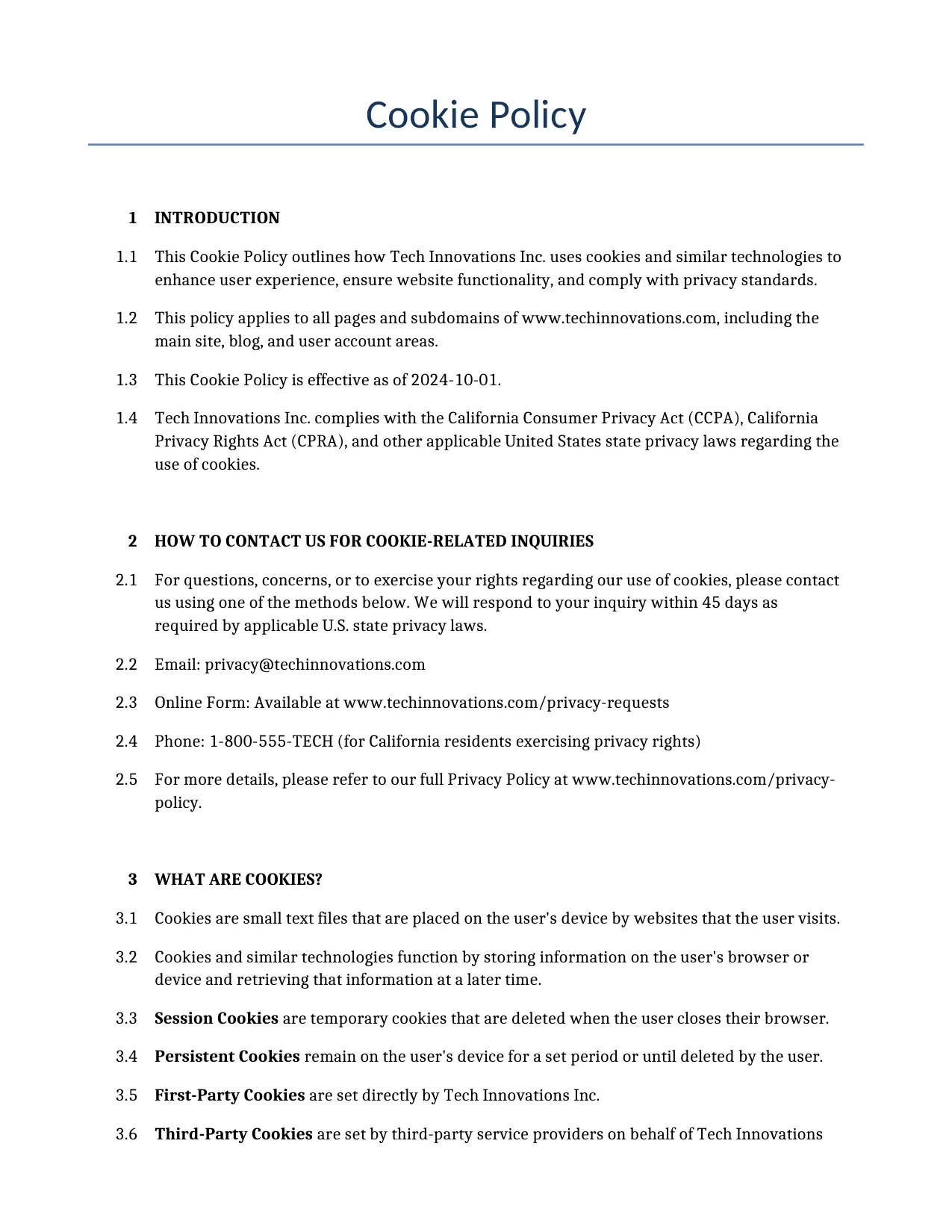 Example of a Cookie Policy for use in the United States</b> generated by our AI model.
