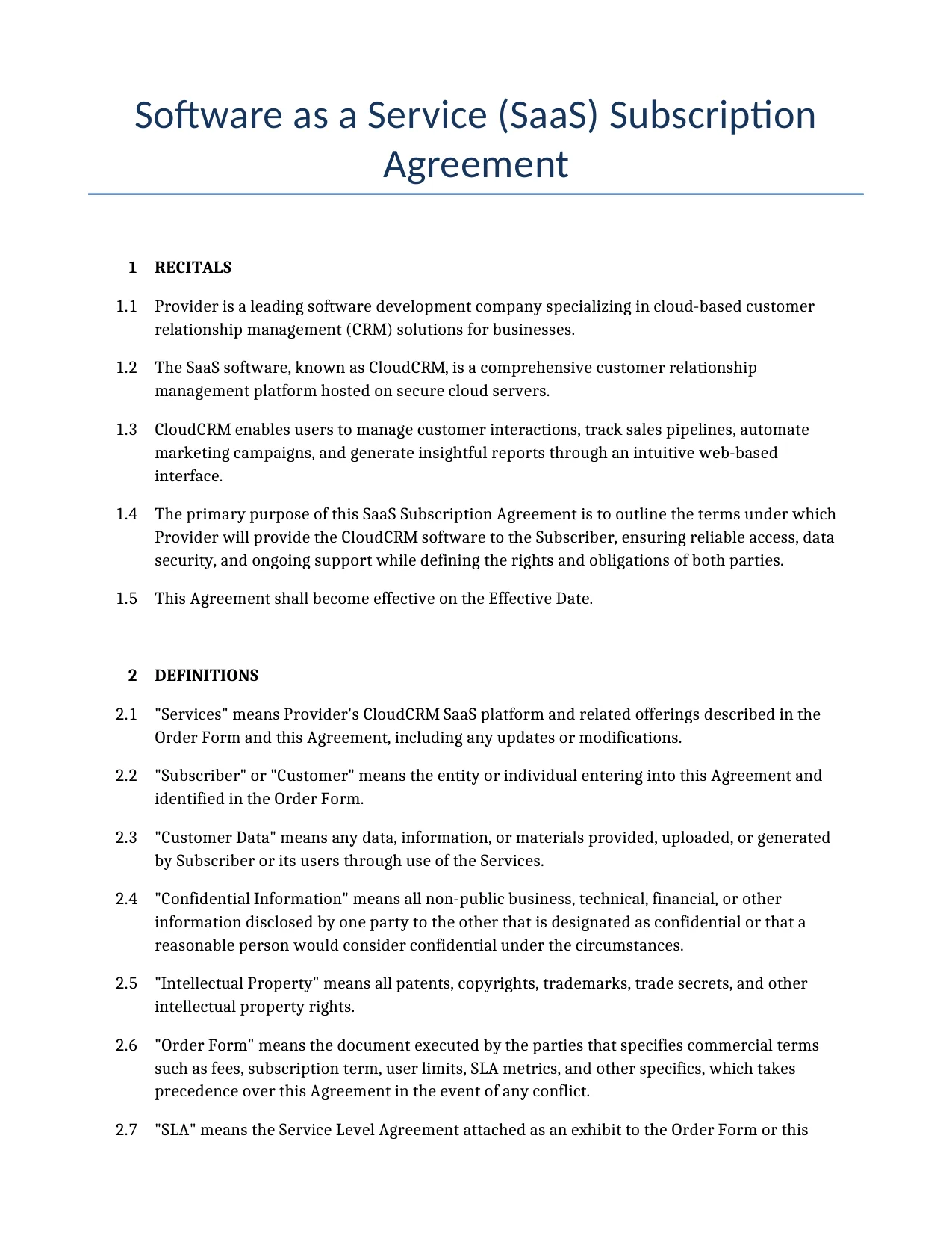 Example of a Software as a Service (SaaS) Subscription Agreement for use in the United States</b> generated by our AI model. 