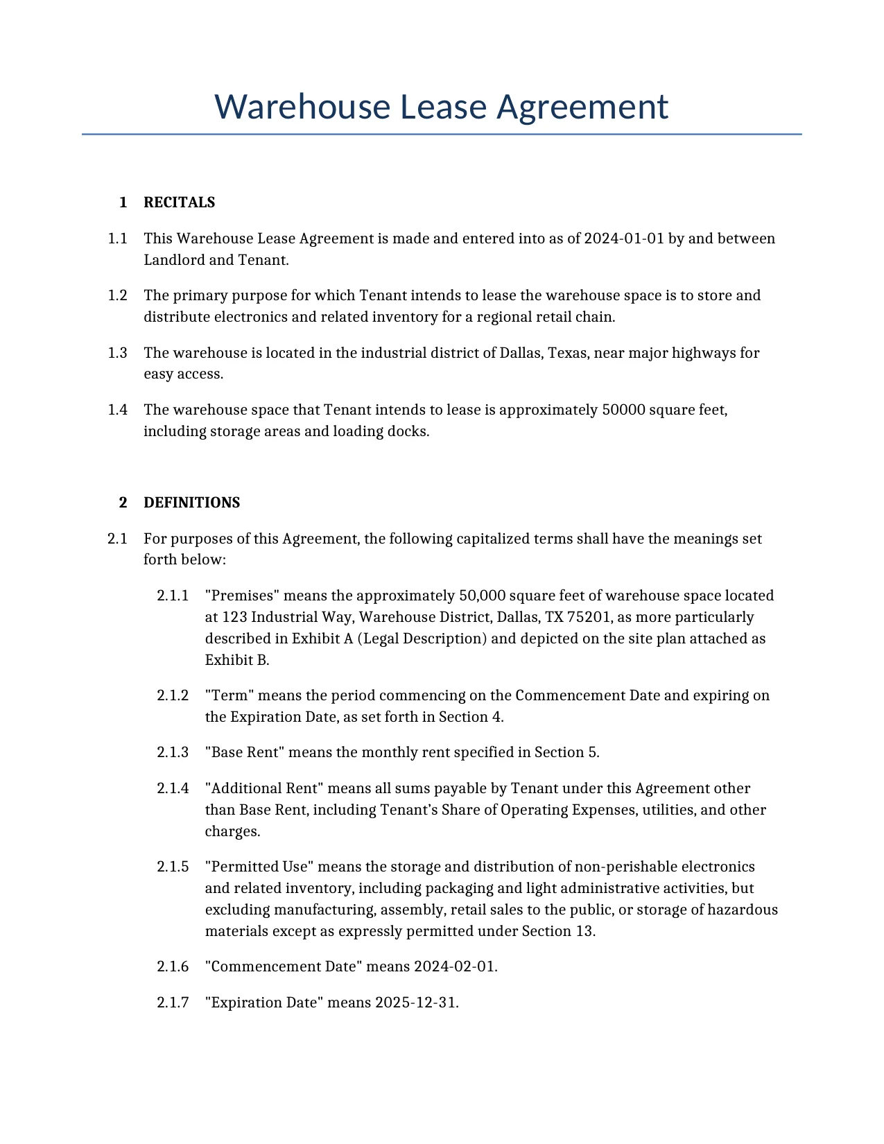 Example of a Warehouse Lease Agreement for use in the United States</b> generated by our AI model. 
