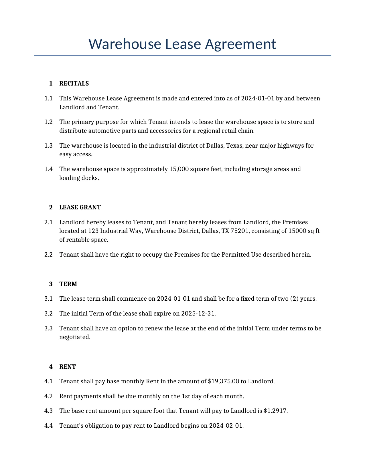 Example of a Warehouse Lease Agreement for use in the United States</b> generated by our AI model. 