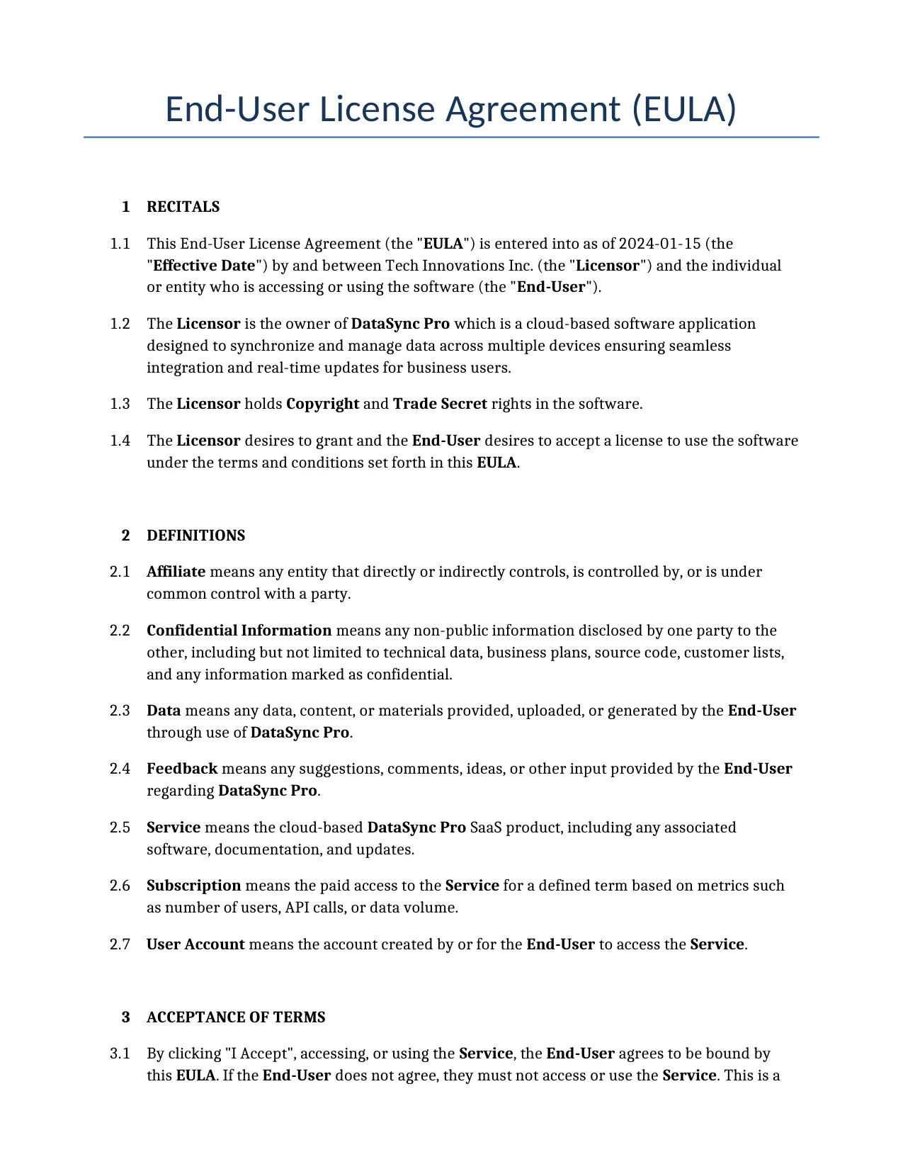 Example of a End-User License Agreement (EULA) for use in the United States</b> generated by our AI model. 
