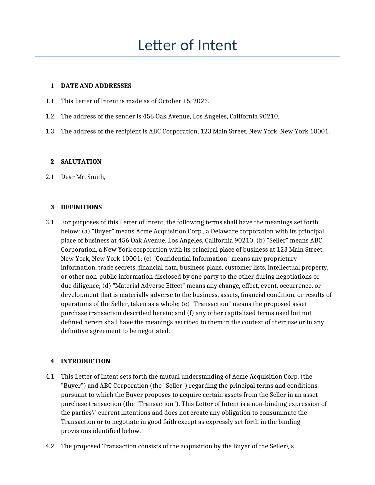 Example of a Letter of Intent for use in the United States</b> generated by our AI model.