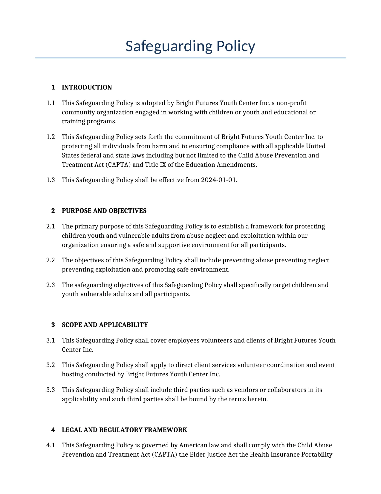 Example of a Safeguarding Policy for use in the United States</b> generated by our AI model. 