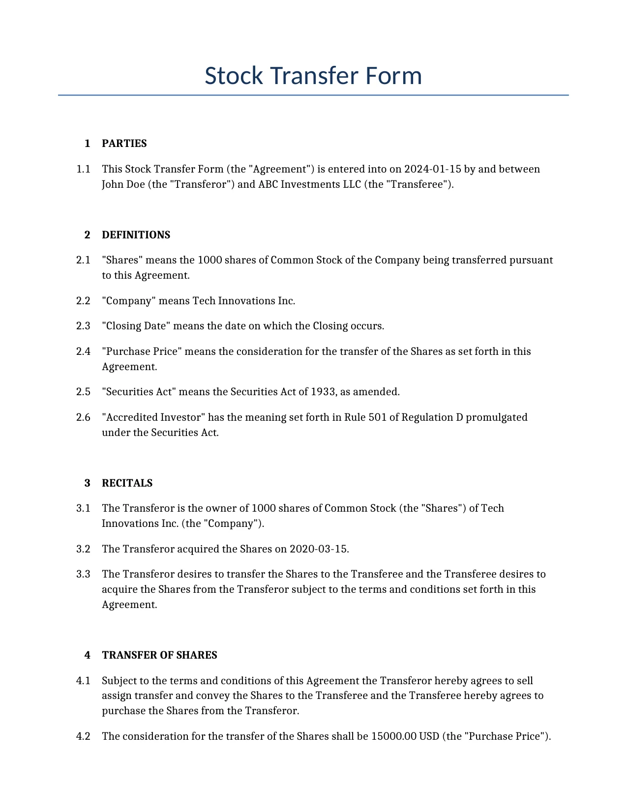 Example of a Stock Transfer Form for use in the United States</b> generated by our AI model. 
