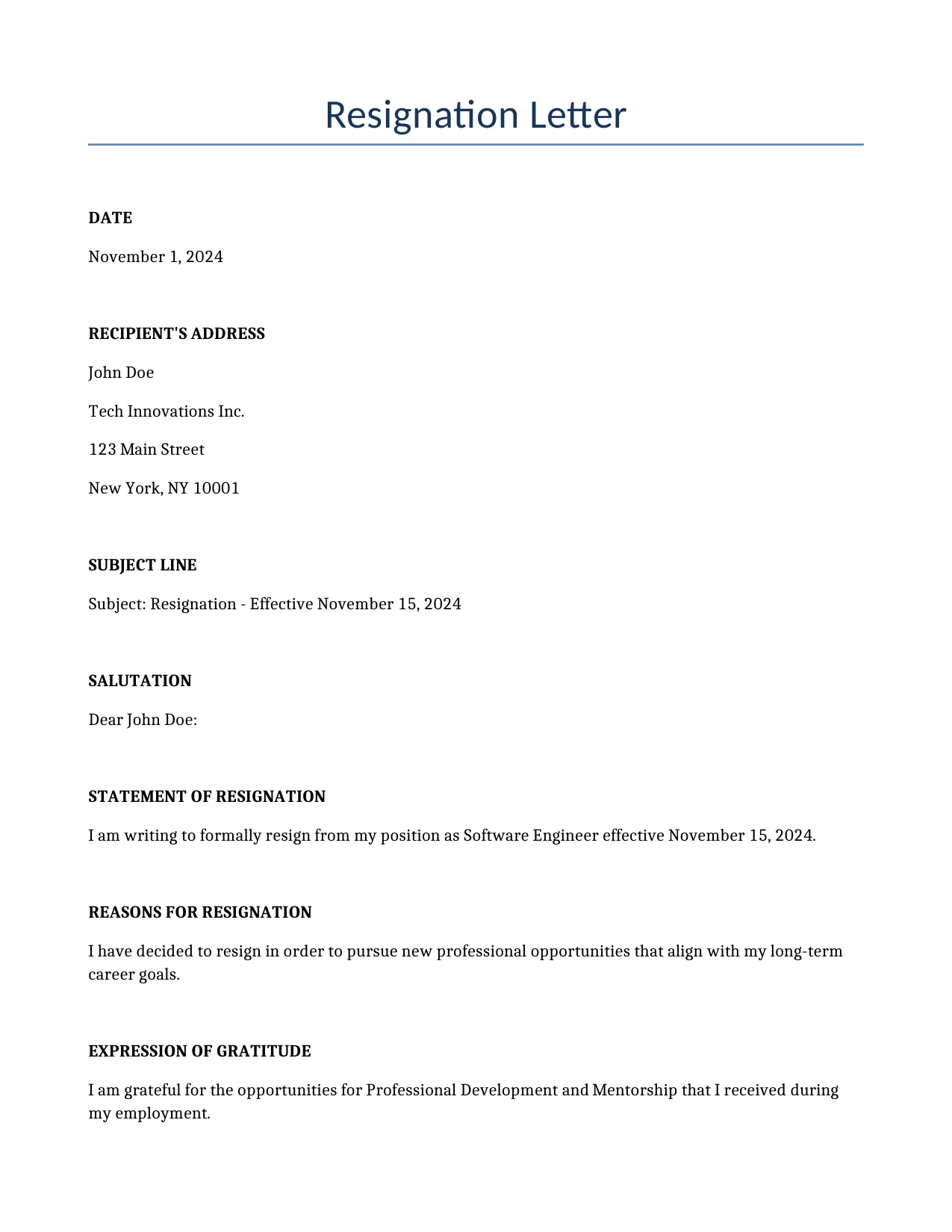 Example of a Resignation Letter for use in the United States</b> generated by our AI model. 