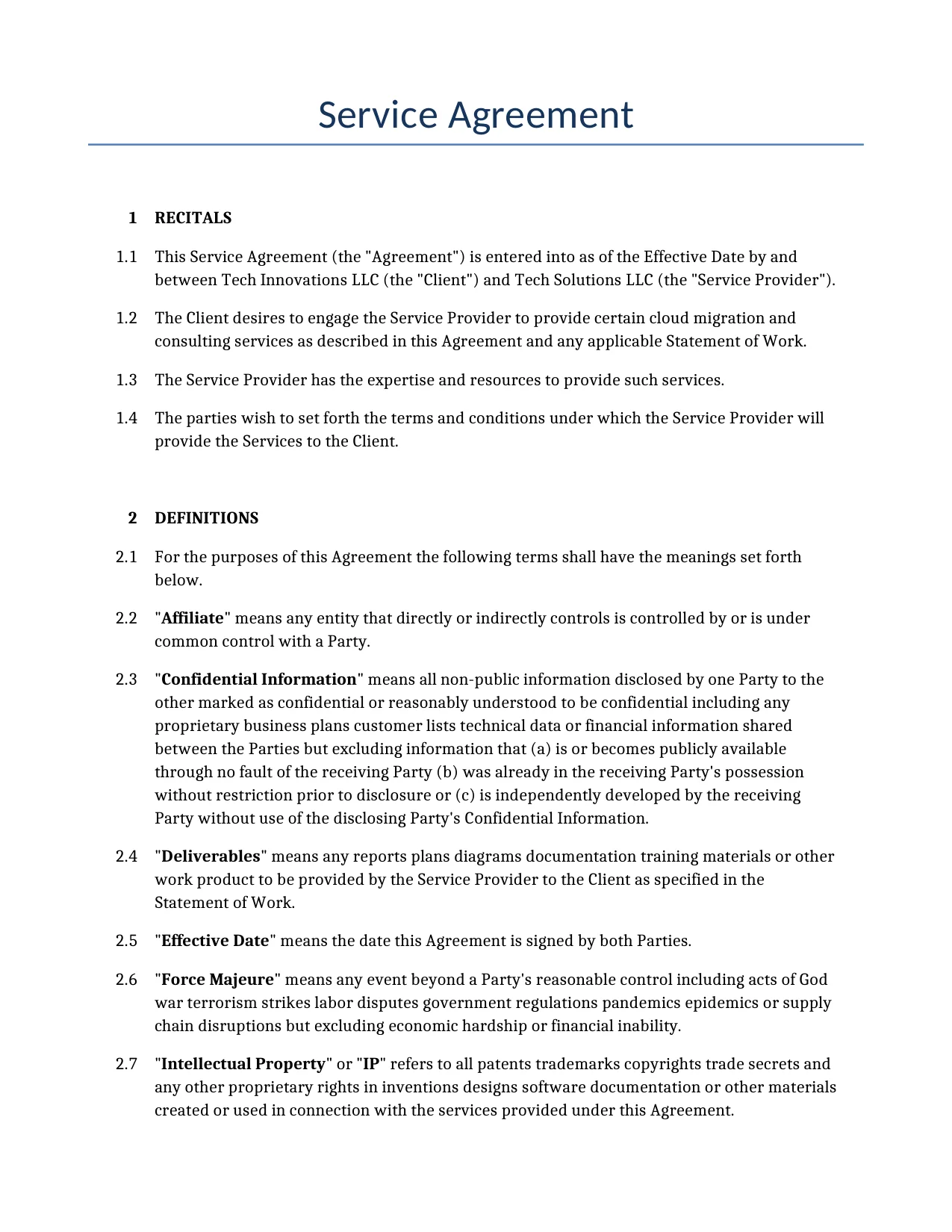 Example of a Service Agreement for use in the United States</b> generated by our AI model. 