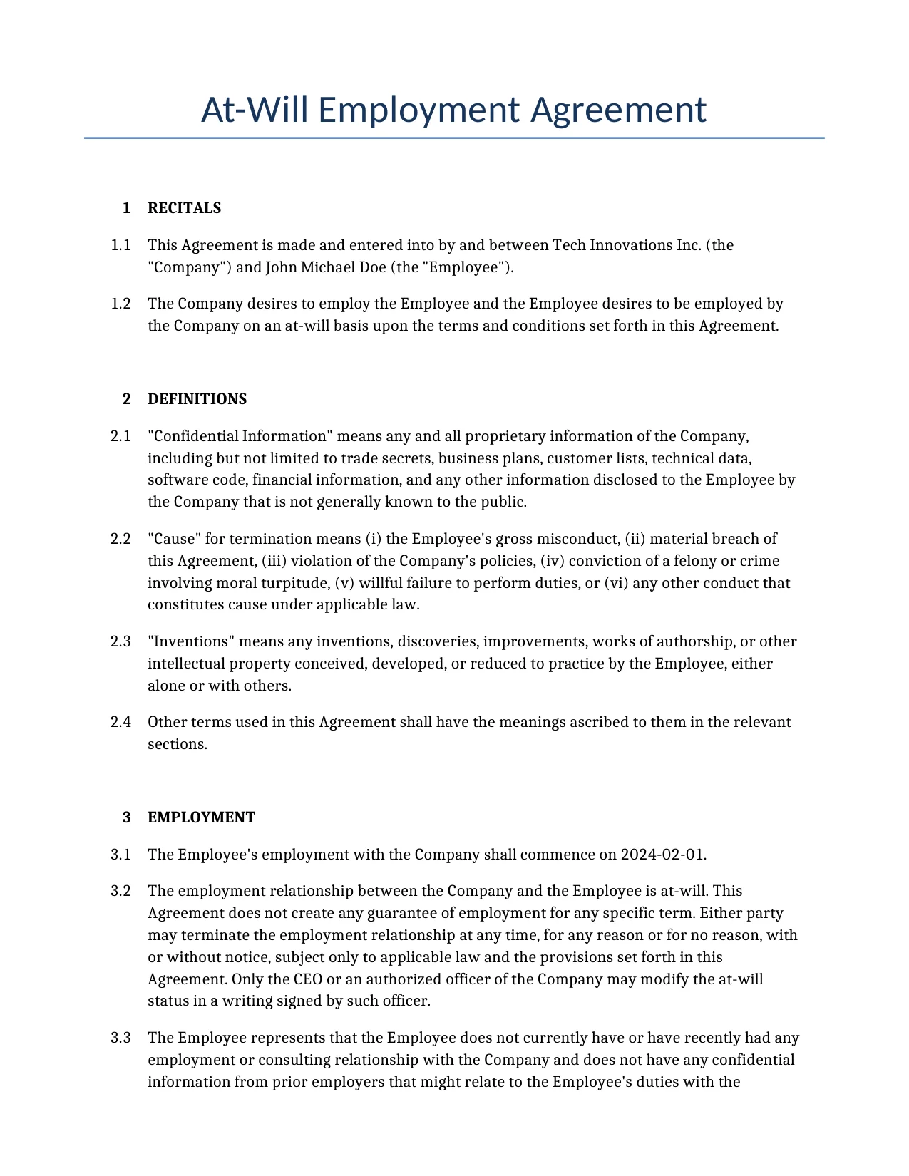 Example of a At-Will Employment Agreement for use in the United States</b> generated by our AI model.