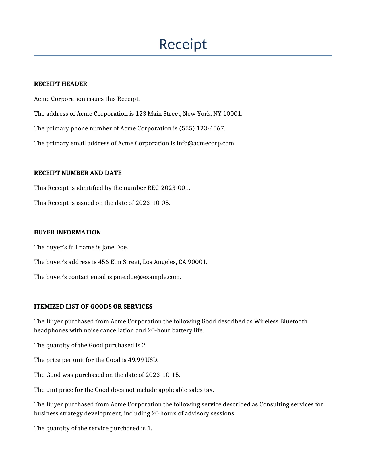 Example of a Receipt for use in the United States</b> generated by our AI model. 