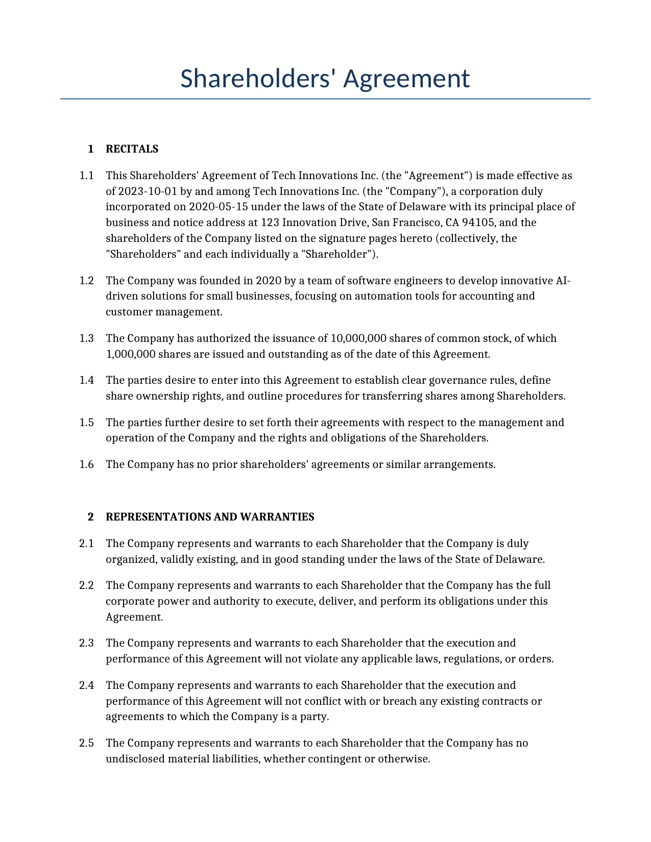 Example of a Shareholders' Agreement for use in the United States</b> generated by our AI model. 