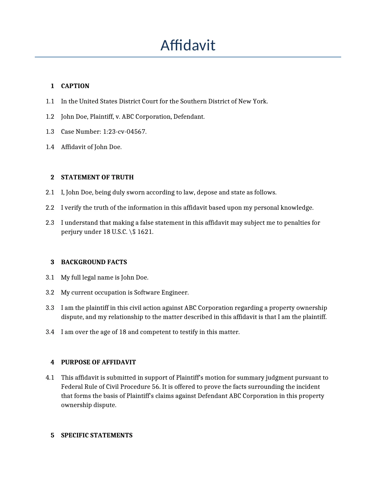 Example of a Affidavit for use in the United States</b> generated by our AI model.
