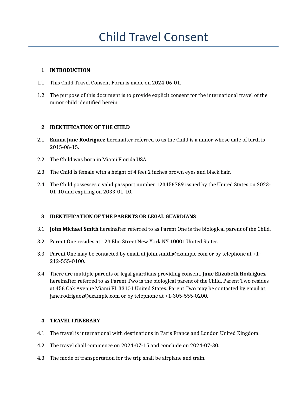 Example of a Child Travel Consent for use in the United States</b> generated by our AI model. 