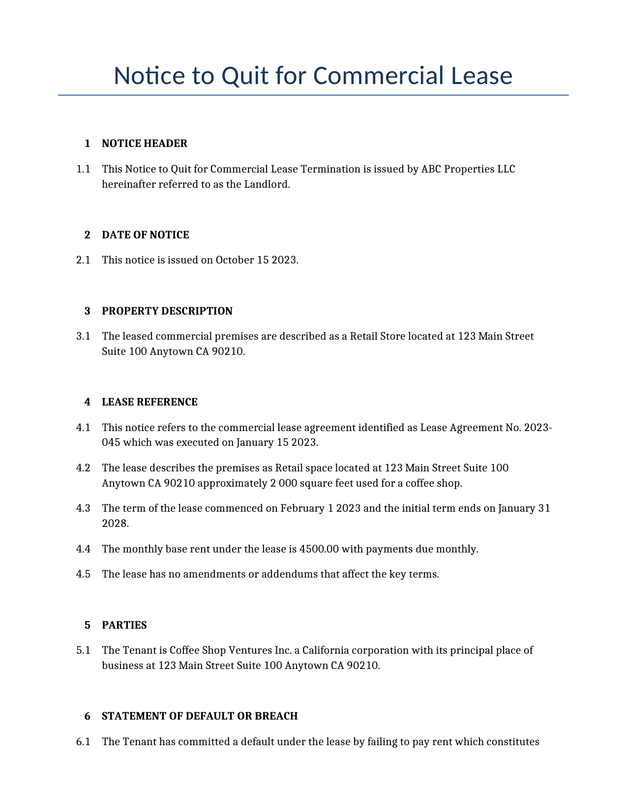 Example of a Notice to Quit for Commercial Lease for use in the United States</b> generated by our AI model. 