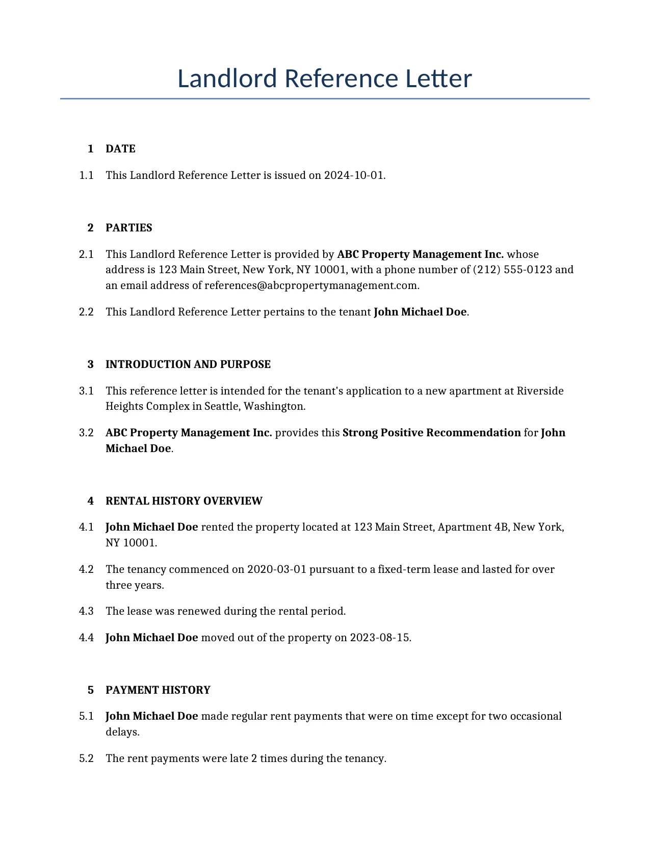 Example of a Landlord Reference Letter for use in the United States</b> generated by our AI model. 