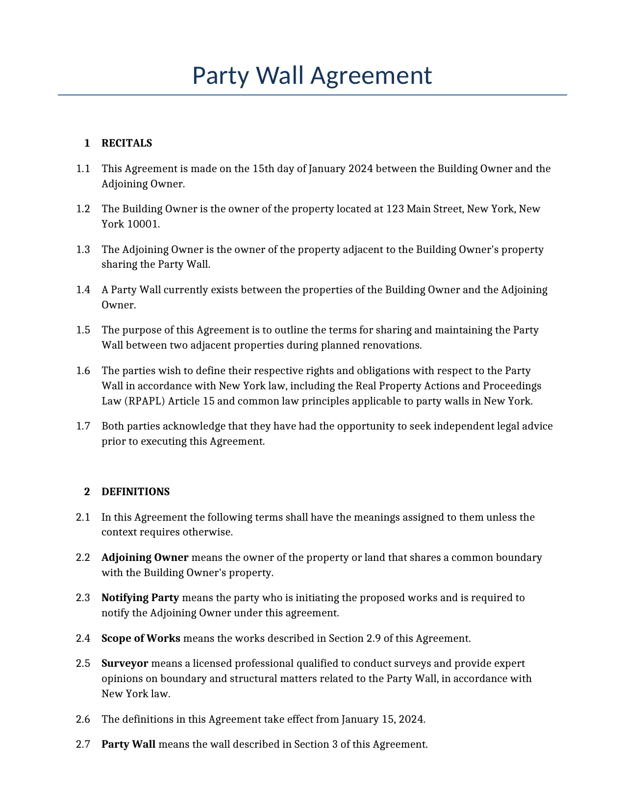 Example of a Party Wall Agreement for use in the United States</b> generated by our AI model. 