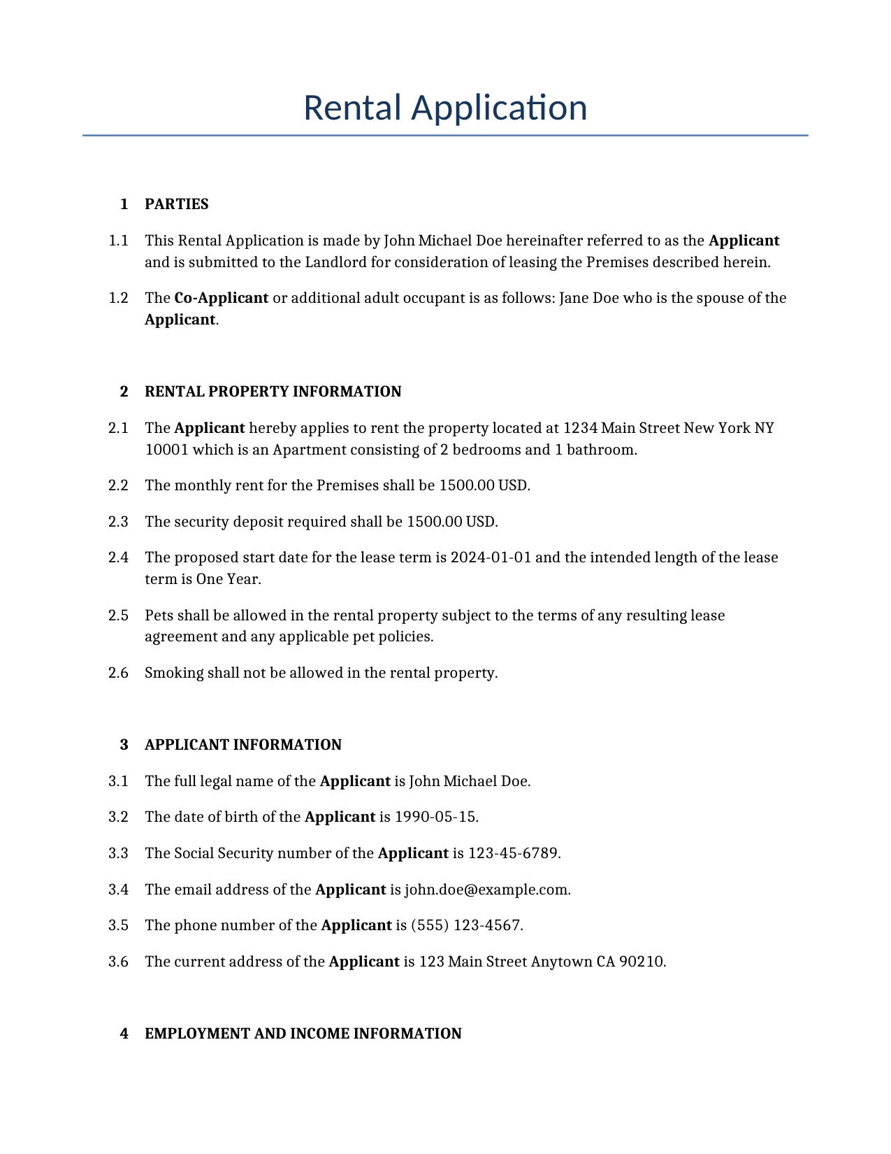 Example of a Rental Application for use in the United States</b> generated by our AI model. 