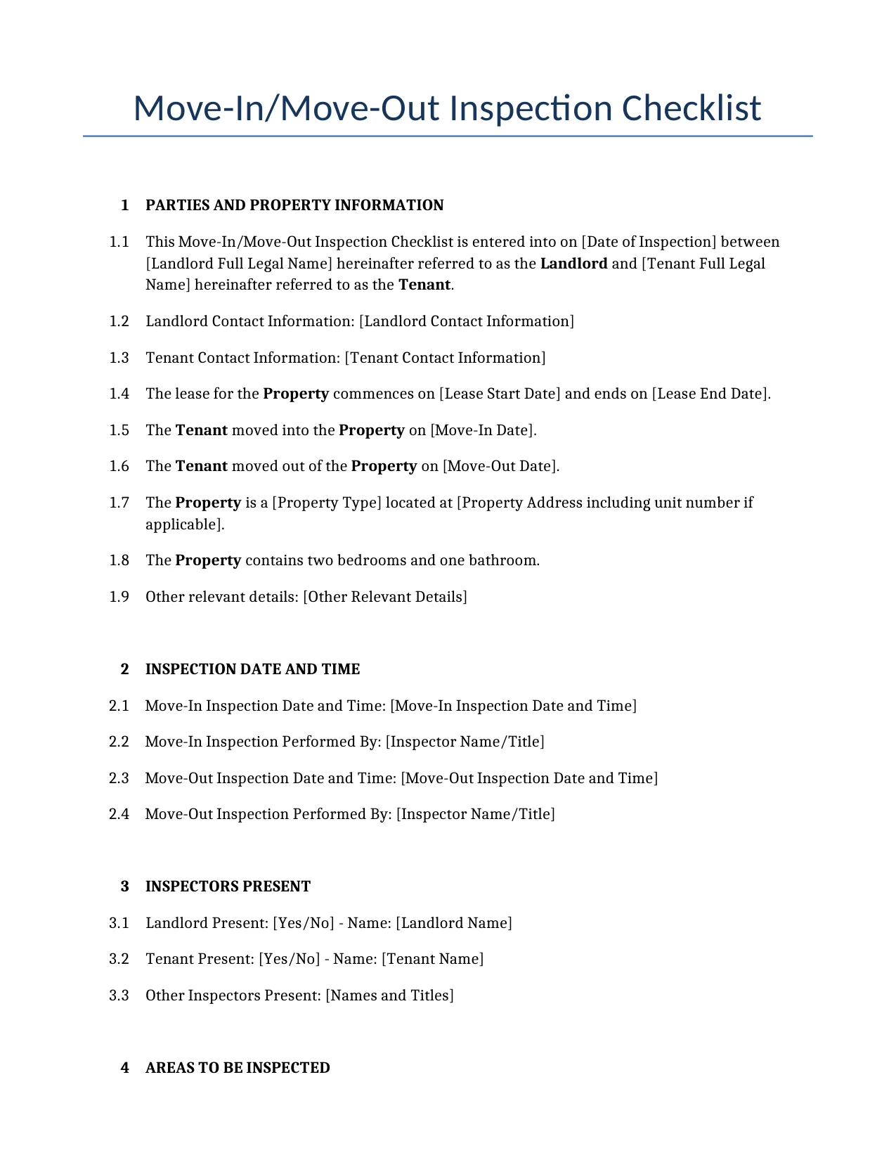 Example of a Move-In/Move-Out Inspection Checklist for use in the United States</b> generated by our AI model. 