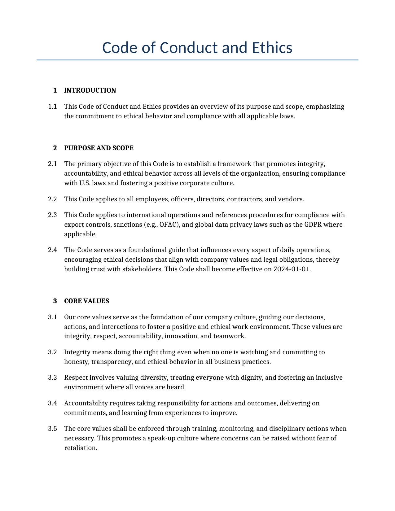 Example of a Code of Conduct and Ethics for use in the United States</b> generated by our AI model. 
