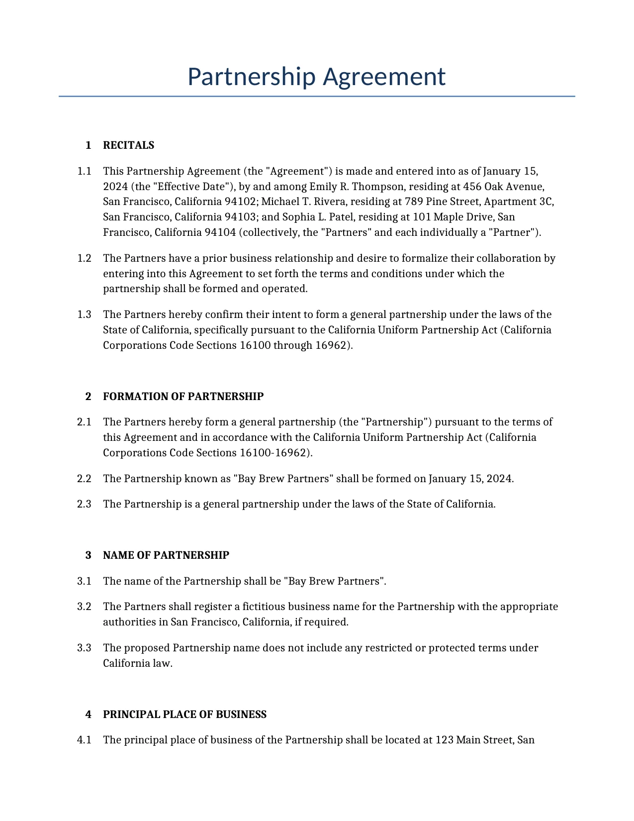 Example of a Partnership Agreement for use in the United States</b> generated by our AI model. 