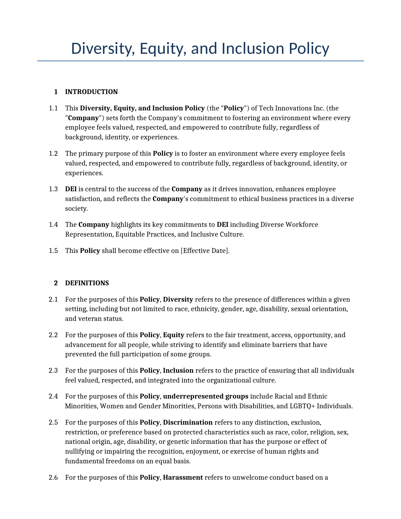 Example of a Diversity, Equity, and Inclusion Policy for use in the United States</b> generated by our AI model. 