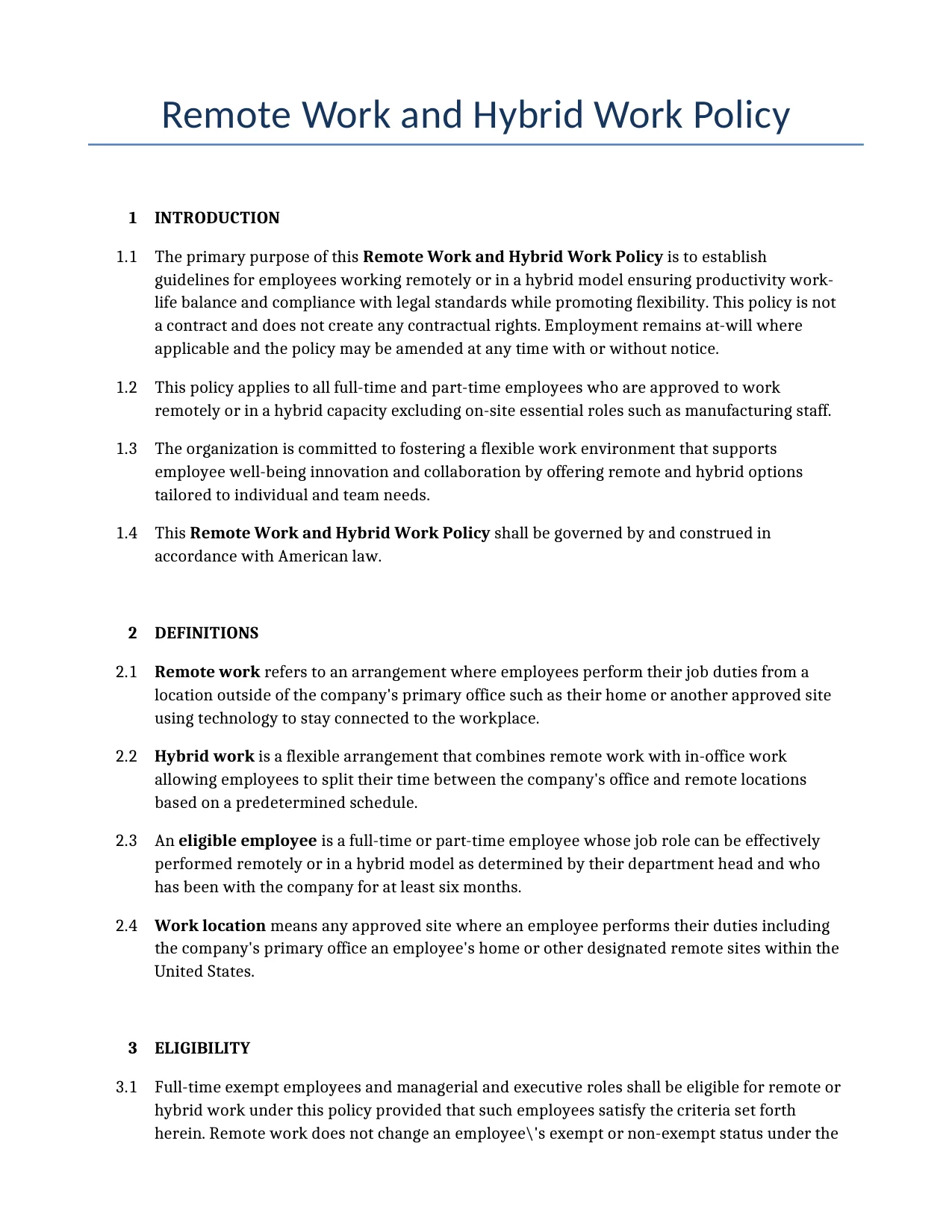 Example of a Remote Work and Hybrid Work Policy for use in the United States</b> generated by our AI model. 