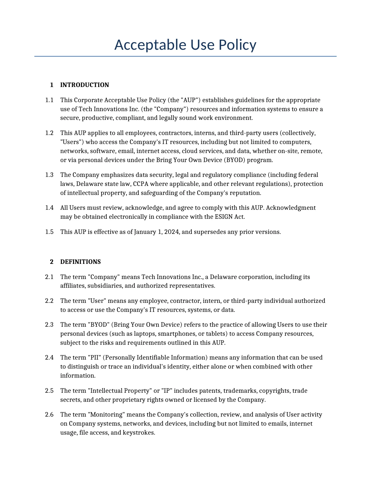 Example of a Acceptable Use Policy for use in the United States</b> generated by our AI model. 