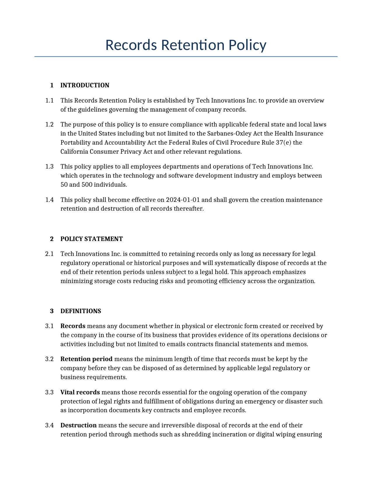 Example of a Records Retention Policy for use in the United States</b> generated by our AI model. 
