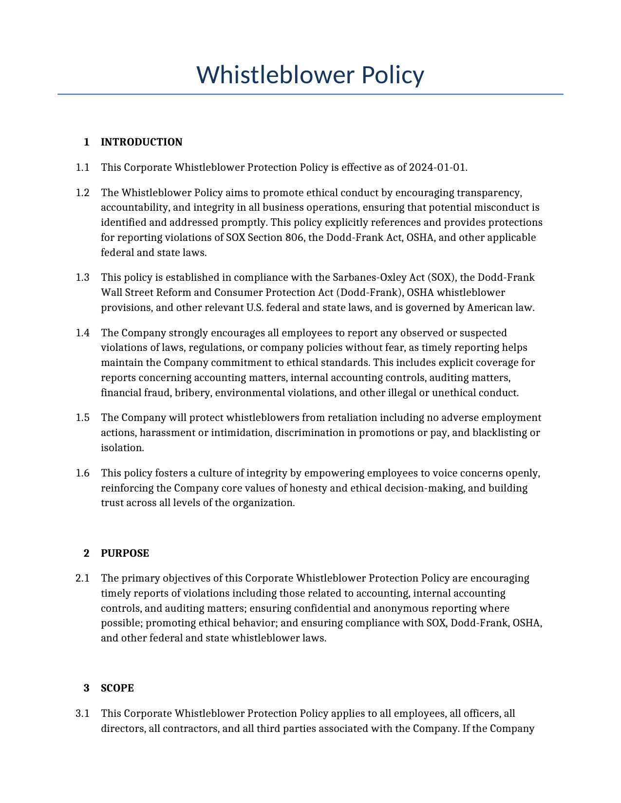 Example of a Whistleblower Policy for use in the United States</b> generated by our AI model. 