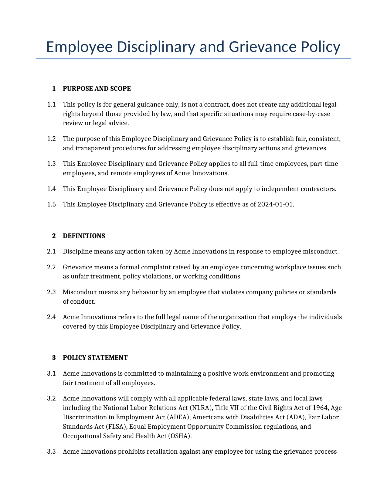 Example of a Employee Disciplinary and Grievance Policy for use in the United States</b> generated by our AI model. 