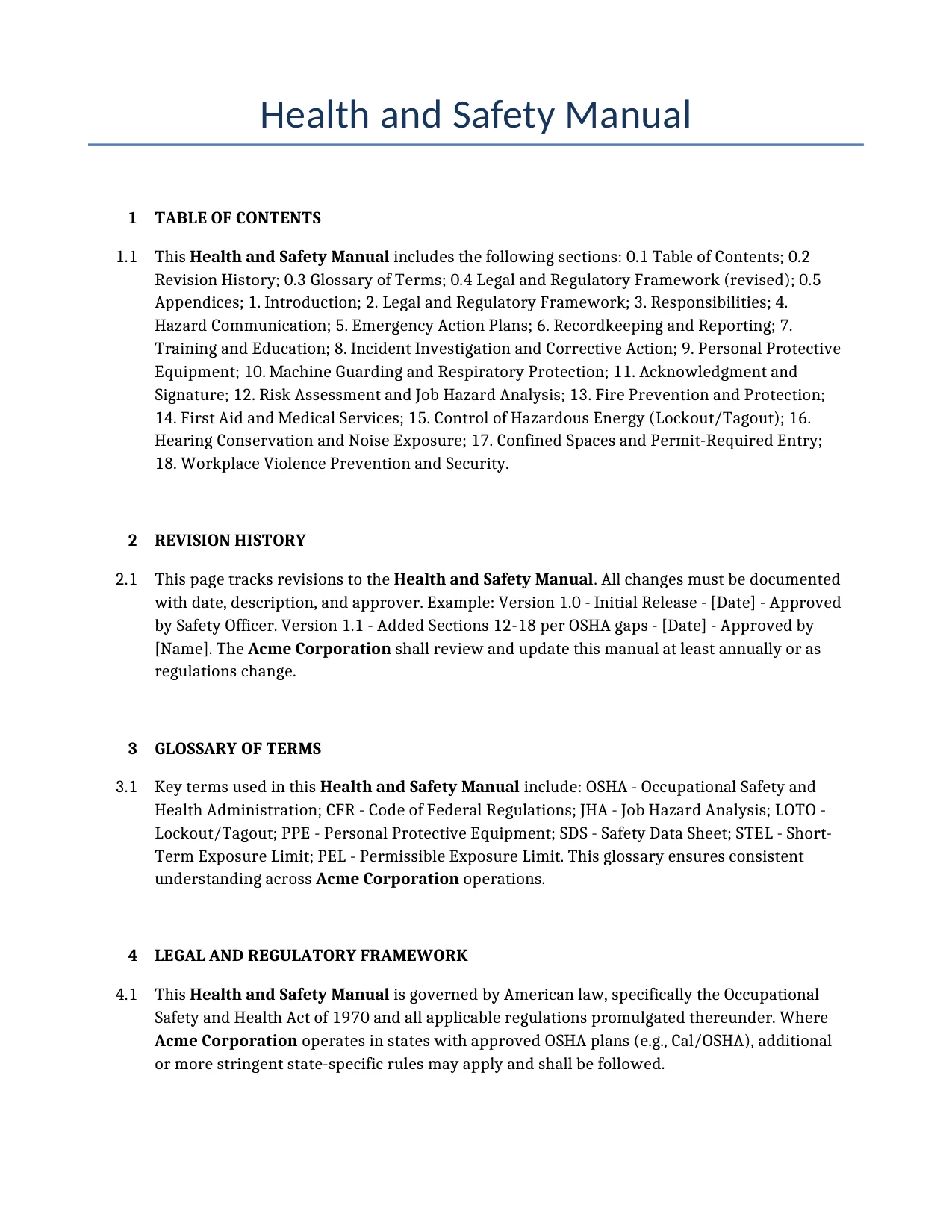 Example of a Health and Safety Manual for use in the United States</b> generated by our AI model. 