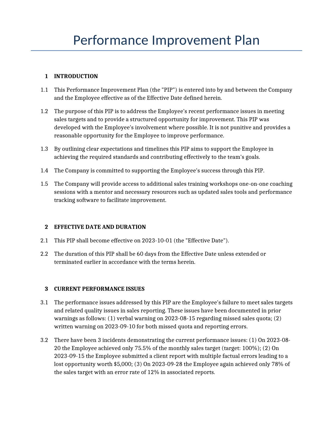 Example of a Performance Improvement Plan for use in the United States</b> generated by our AI model.
