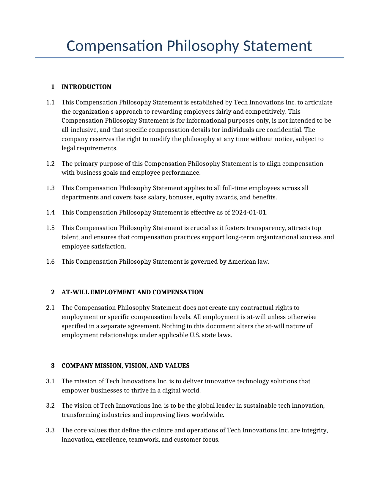Example of a Compensation Philosophy Statement for use in the United States</b> generated by our AI model.