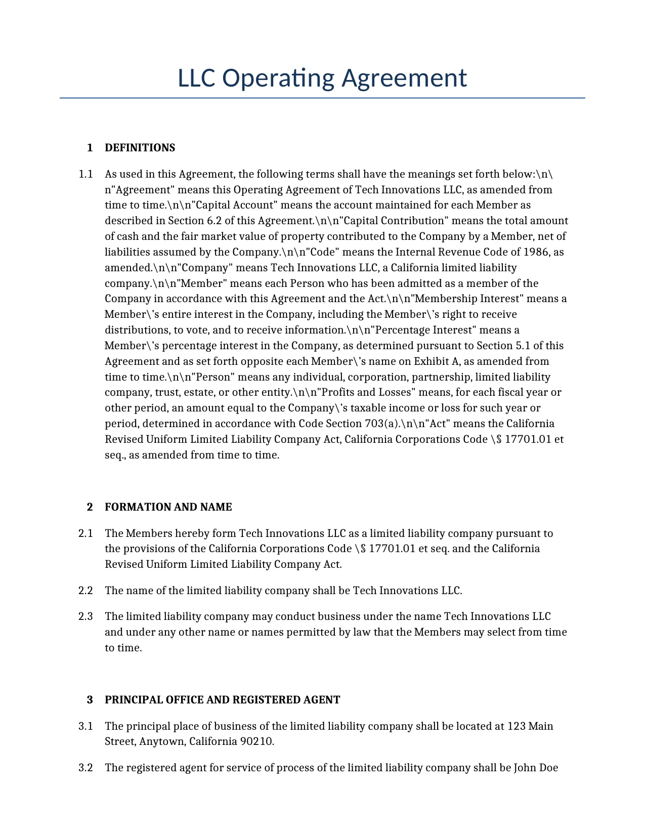 Example of a LLC Operating Agreement for use in the United States</b> generated by our AI model. 