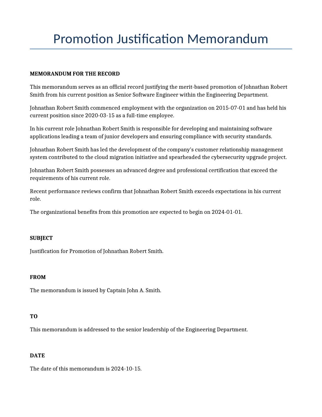 Example of a Promotion Justification Memorandum for use in the United States</b> generated by our AI model. 