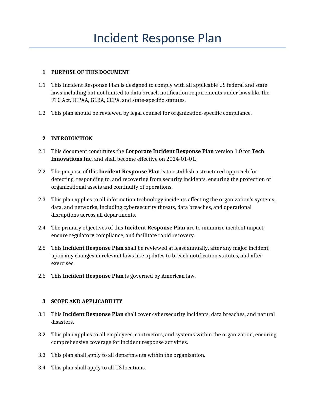 Example of a Incident Response Plan for use in the United States</b> generated by our AI model.