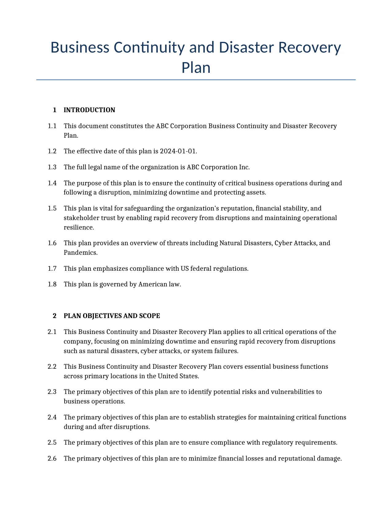 Example of a Business Continuity and Disaster Recovery Plan for use in the United States</b> generated by our AI model. 