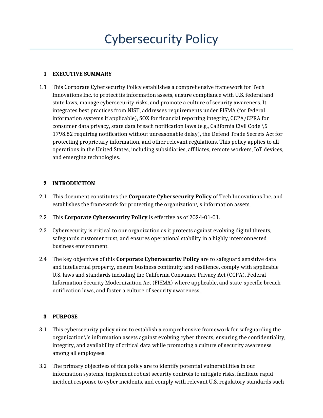 Example of a Cybersecurity Policy for use in the United States</b> generated by our AI model. 