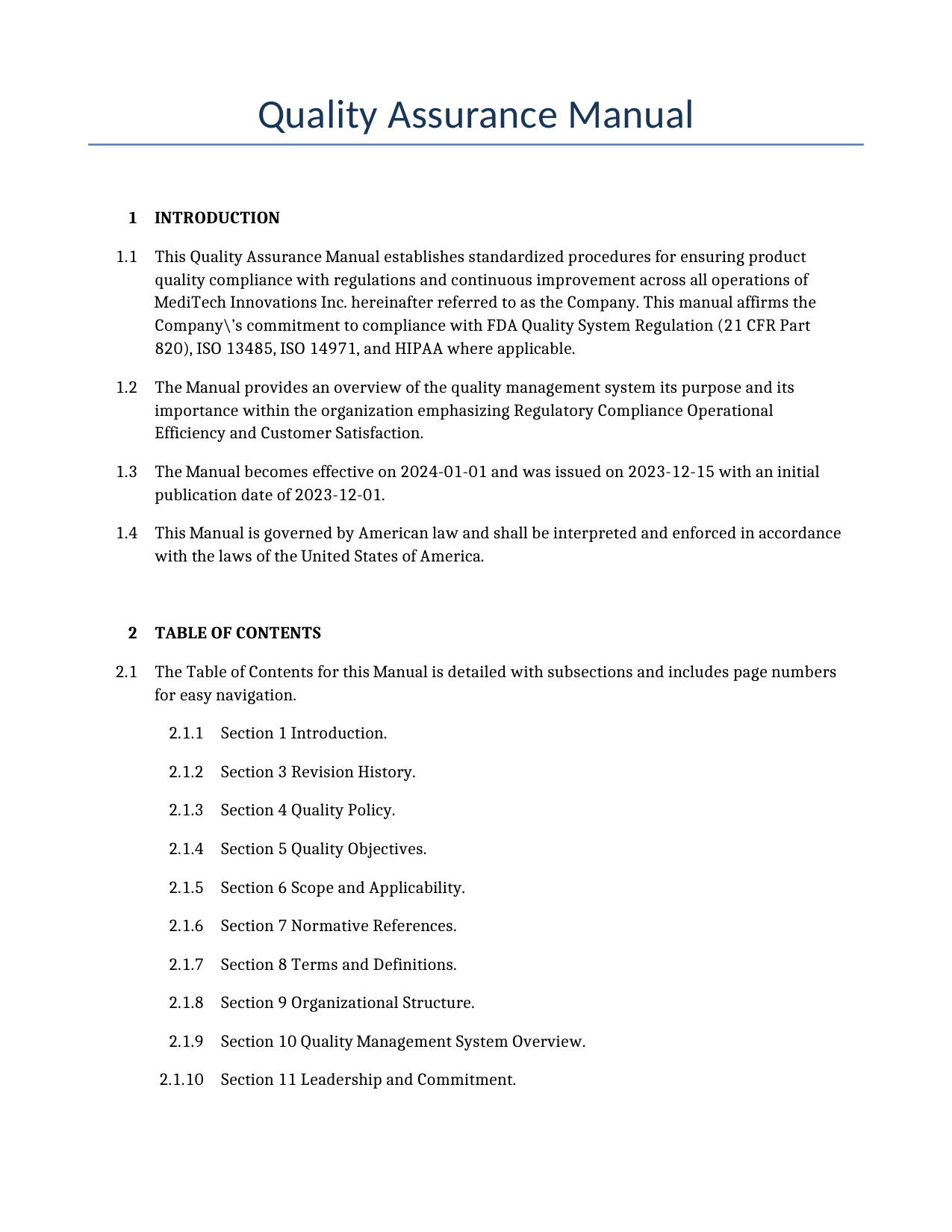 Example of a Quality Assurance Manual for use in the United States</b> generated by our AI model. 