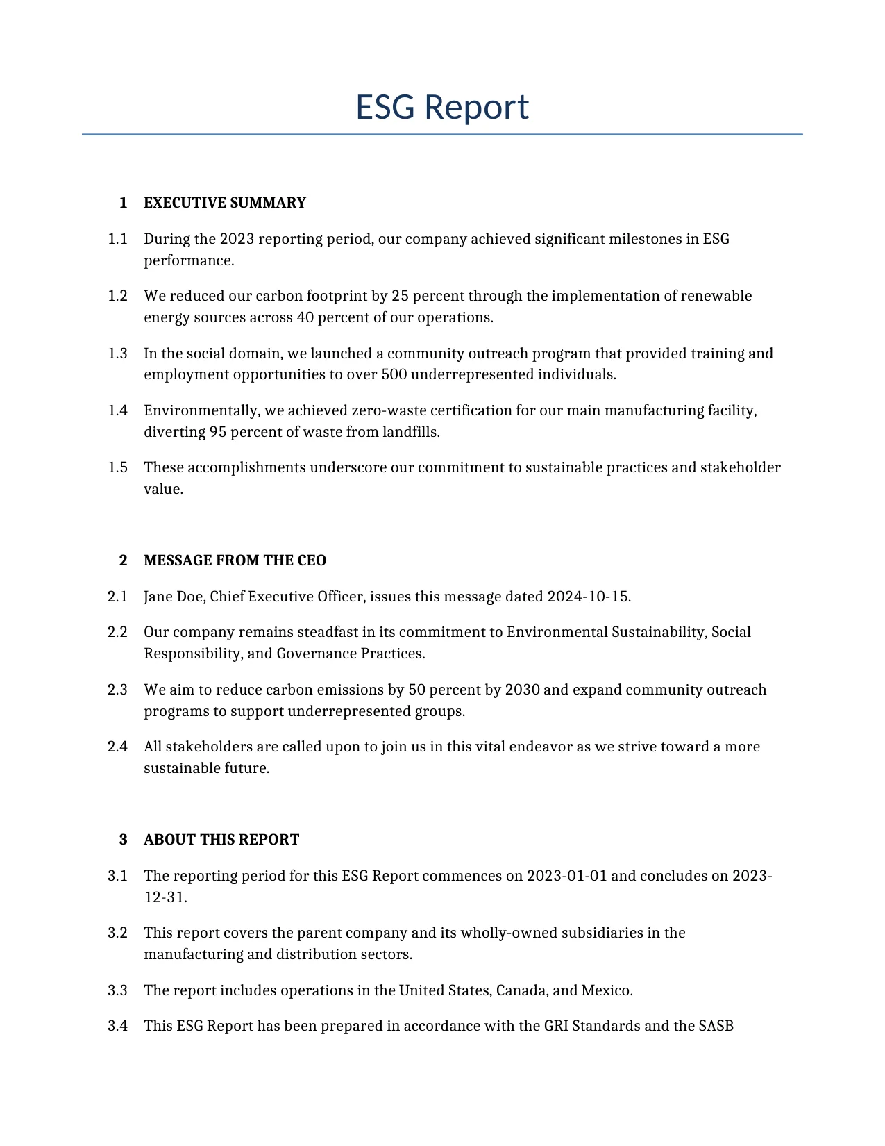 Example of a ESG Report for use in the United States</b> generated by our AI model. 