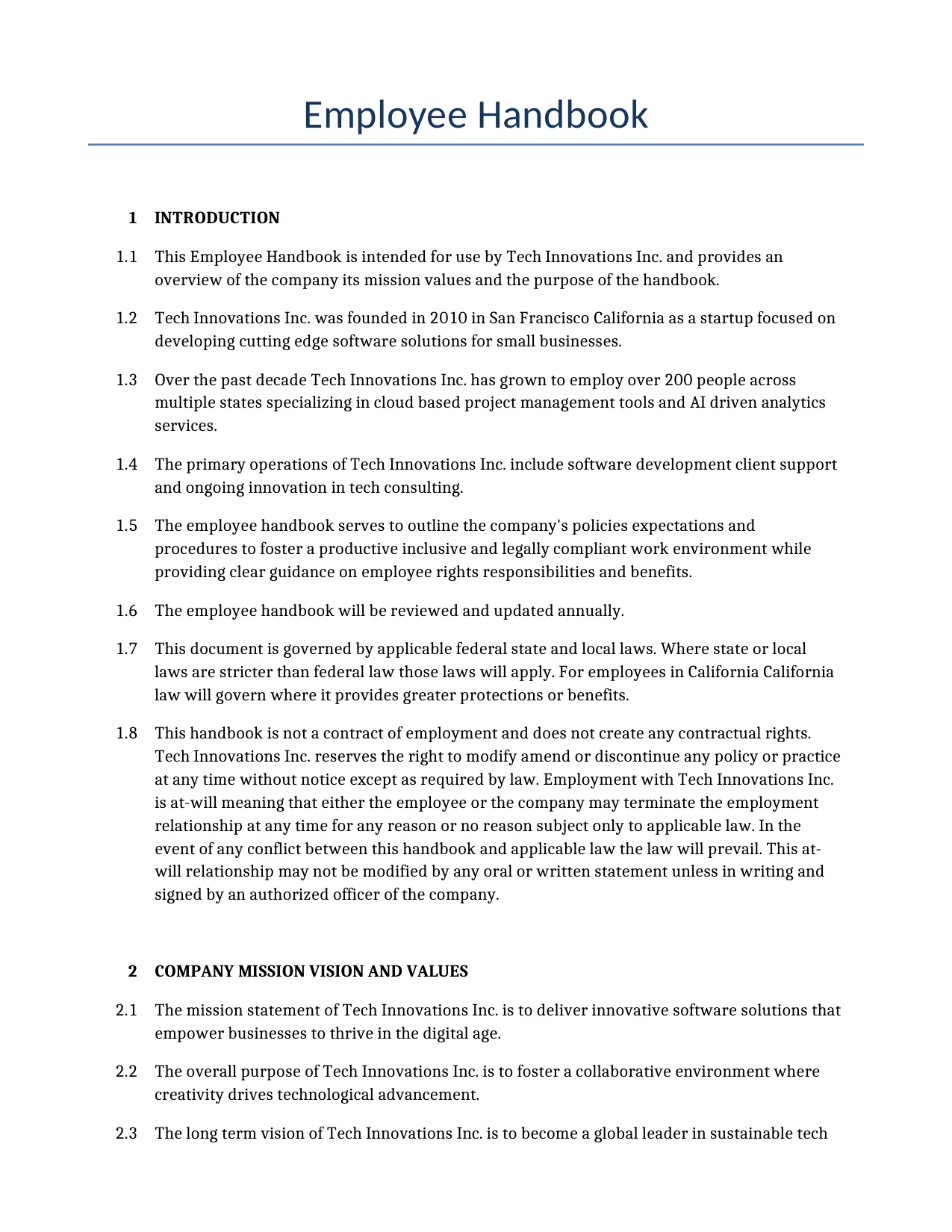 Example of a Employee Handbook for use in the United States</b> generated by our AI model.
