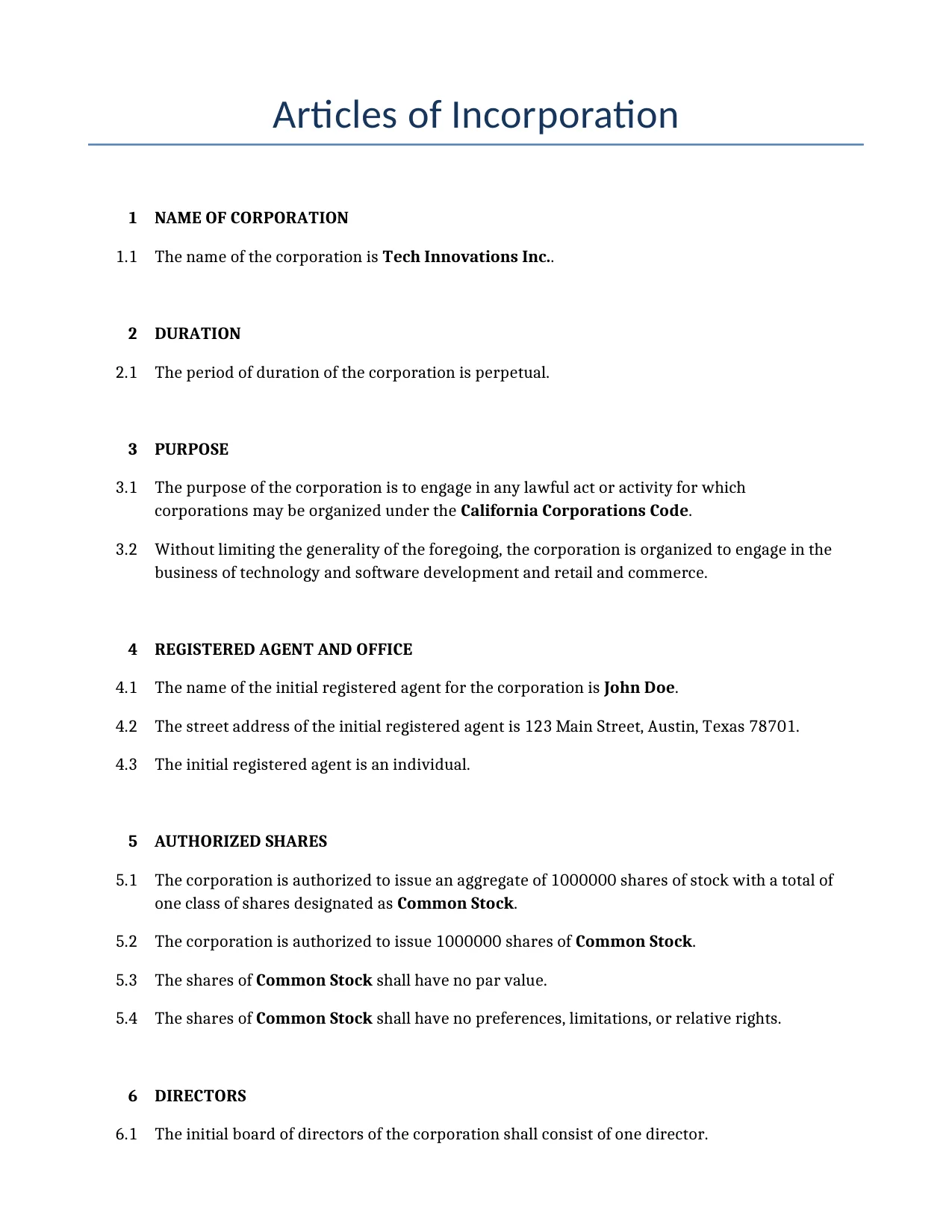 Example of a Articles of Incorporation for use in the United States</b> generated by our AI model.