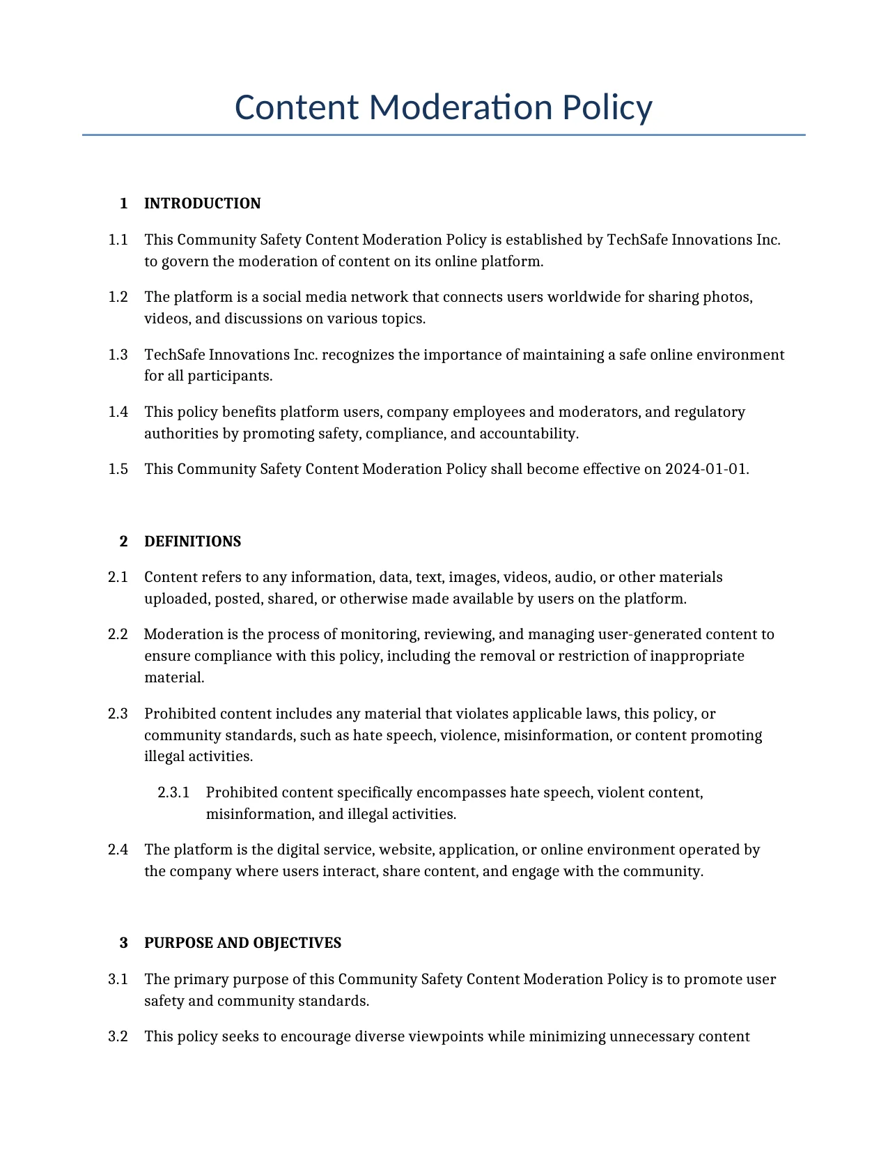 Example of a Content Moderation Policy for use in the United States</b> generated by our AI model. 